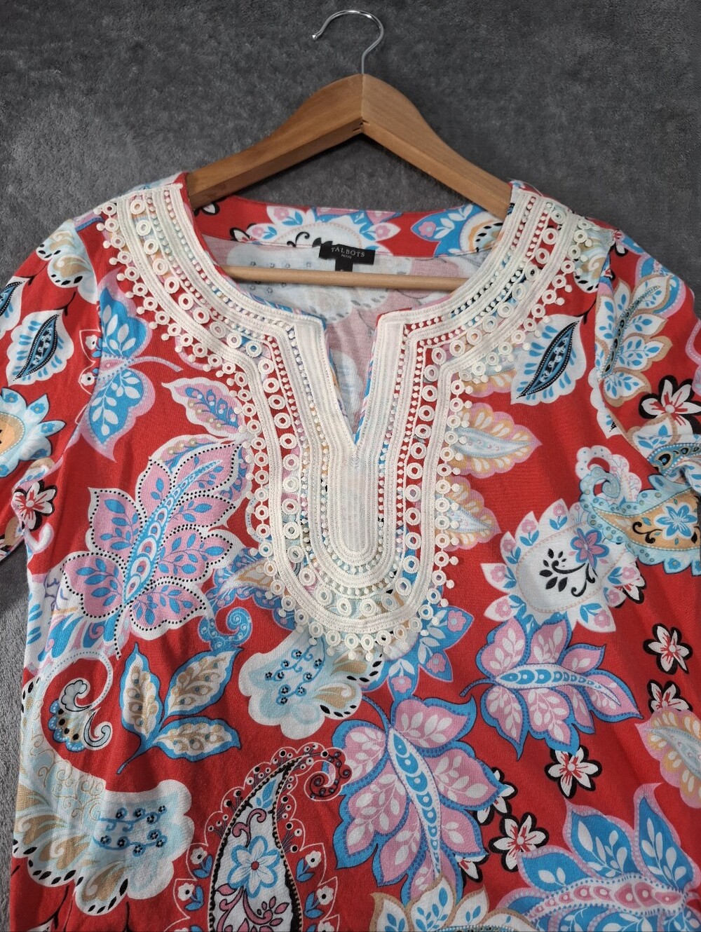 Talbots Women's Pima Cotton Blend Paisley Floral Crochet Tunic Size Petite S - Picture 6 of 11